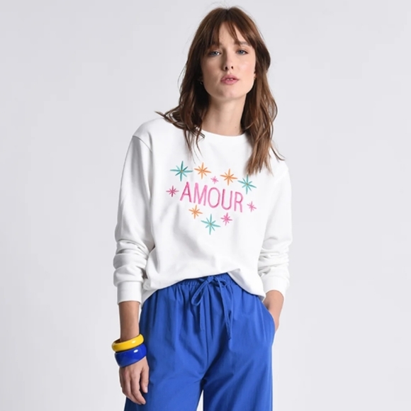 Molly Bracken Sweaters - Molly Bracken White 'Amour' Crewneck Sweatshirt with Pastel Star Motif